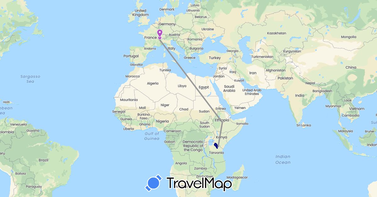 TravelMap itinerary: driving, plane, train in Switzerland, Ethiopia, Tanzania (Africa, Europe)