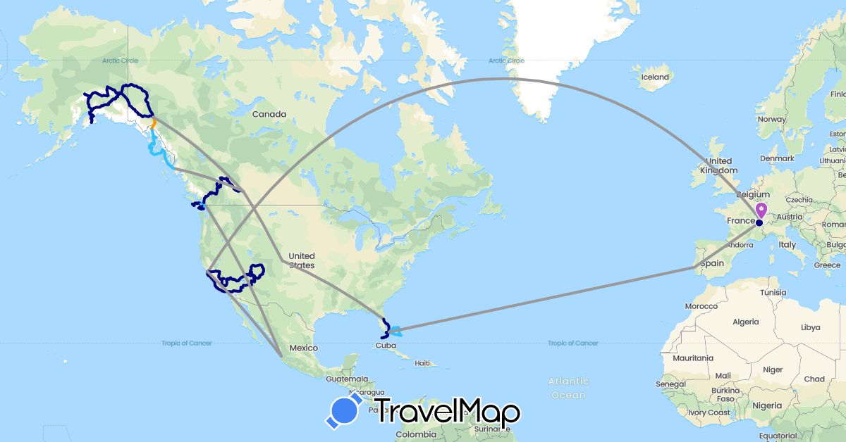 TravelMap itinerary: driving, plane, train, boat, hitchhiking in Bahamas, Canada, Switzerland, Mexico, United States (Europe, North America)