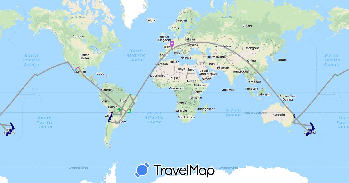 TravelMap itinerary: driving, bus, plane, train, boat in Argentina, Australia, Brazil, Switzerland, Mexico, New Zealand, United States (Europe, North America, Oceania, South America)